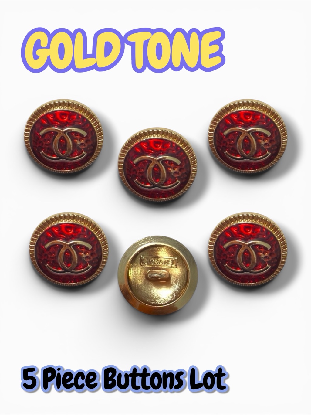 Set Of 5 Vintage Stamped Designer Luxury Buttons Red  Gold  20mm
